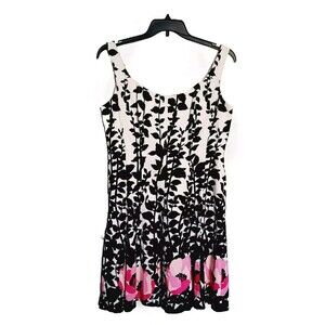 Nine West Sleeveless Corset Dress Black/White/Pink Floral Border Fit Flare Sz 16